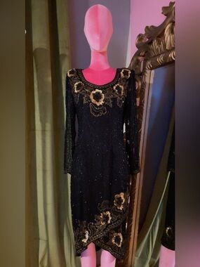 Black Long-Sleeve Beaded Dress with Gold Floral Accents